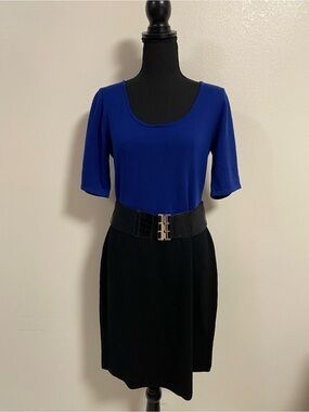 Antonio Melani Dress Womens Size Medium Blue Black Color block Merino Wool Dress